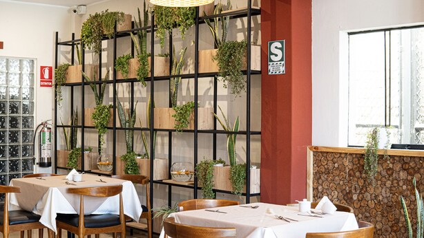 Interior de restaurante con mesas y sillas de madera, pared de plantas y un cartel que indica una zona segura.