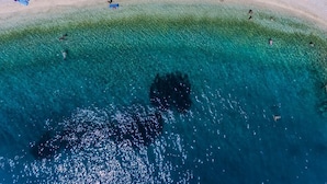 Vue aérienne d’une plage aux eaux turquoise et limpides, bordée d’un rivage sablonneux, et parsemée de plusieurs parasols et chaises de plage aux couleurs vives.