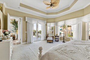 A spacious bedroom with a large bed, a ceiling fan, and a view of the outside balcony. - Ocean Vue By Beachside Management (Siesta Key)