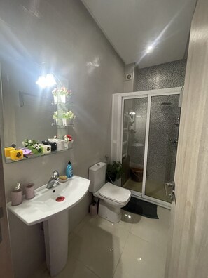 Hair dryer, towels, soap, shampoo
