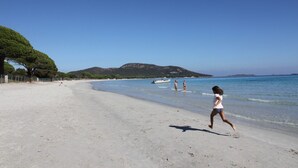Une plage avec un ciel dégagé, un rivage sablonneux et quelques personnes.