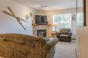 TV, fireplace, books