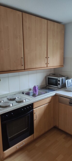 Herdplatte, Wasserkocher, Kochgeschirr/Geschirr/Besteck, Esstisch