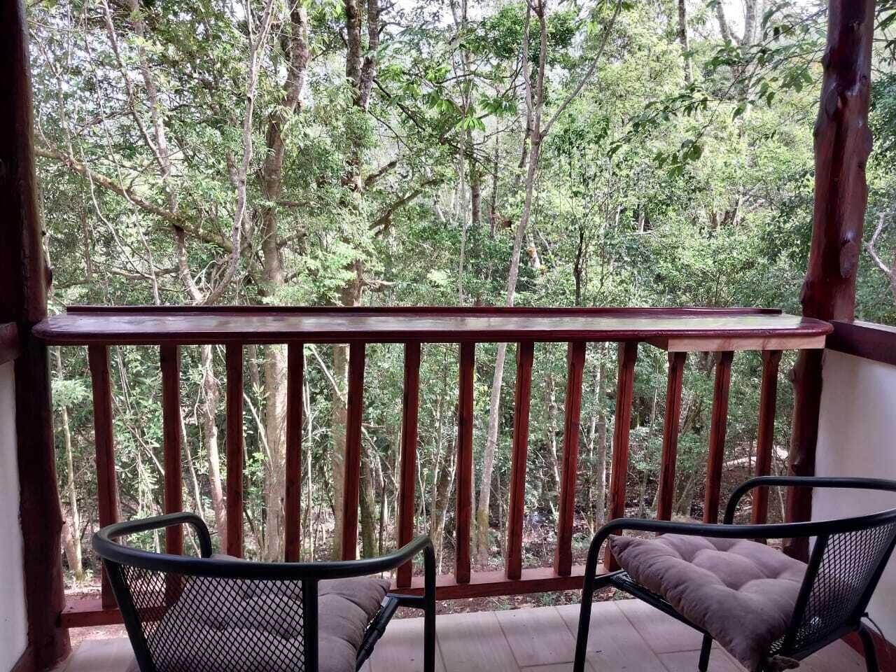 Un balcone con ringhiera in legno e due poltrone imbottite, affacciato su una fitta foresta.