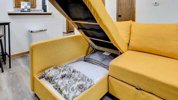 A compact living space with a convertible sofa bed and a small kitchenette area.