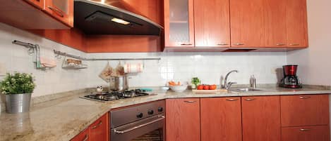 Fridge, microwave, oven, dishwasher