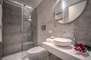 Shower, hair dryer, bidet, towels