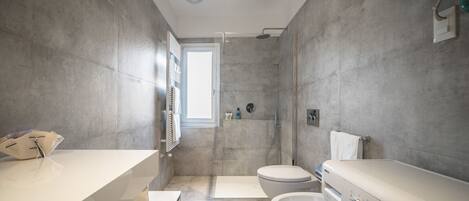 Shower, hair dryer, bidet, towels