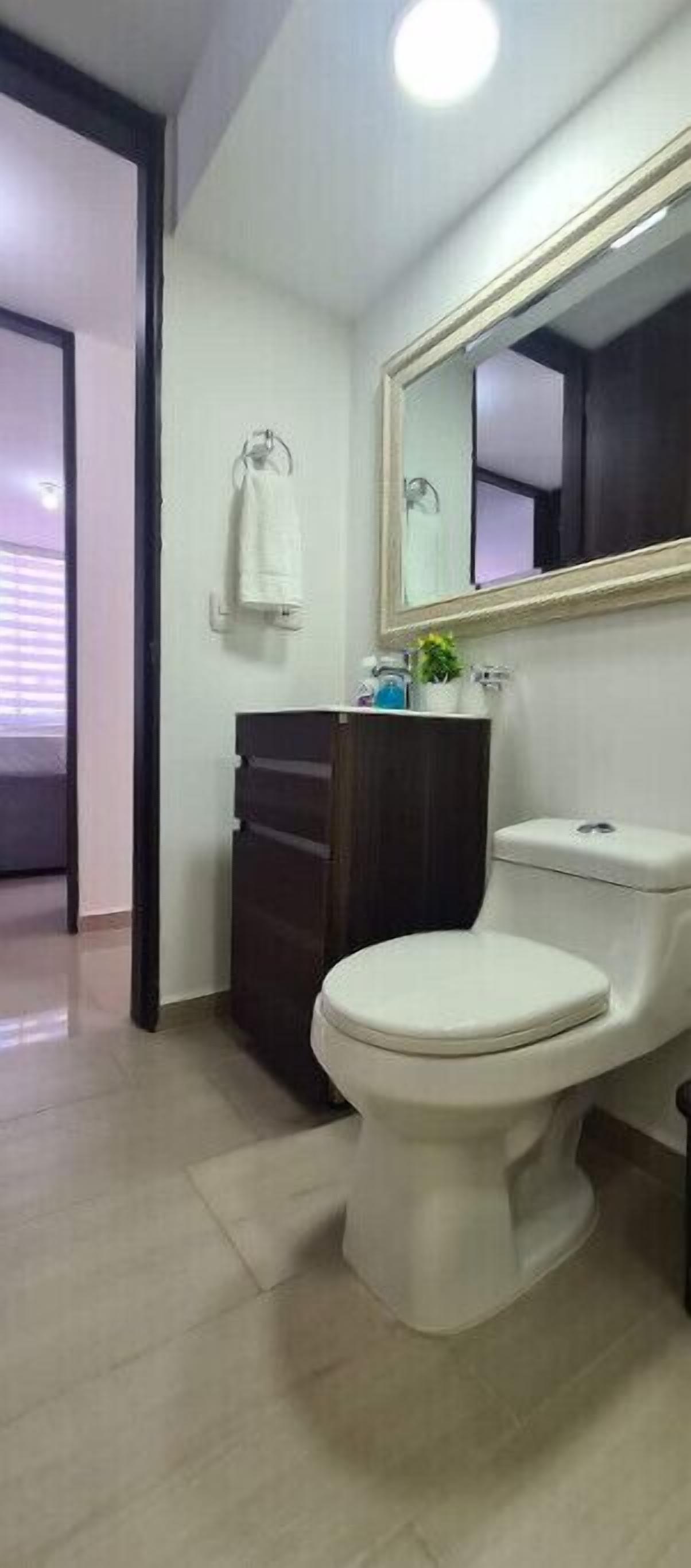 Une salle de bain avec des toilettes, un meuble en bois foncé, un lavabo blanc et un miroir au-dessus du lavabo.