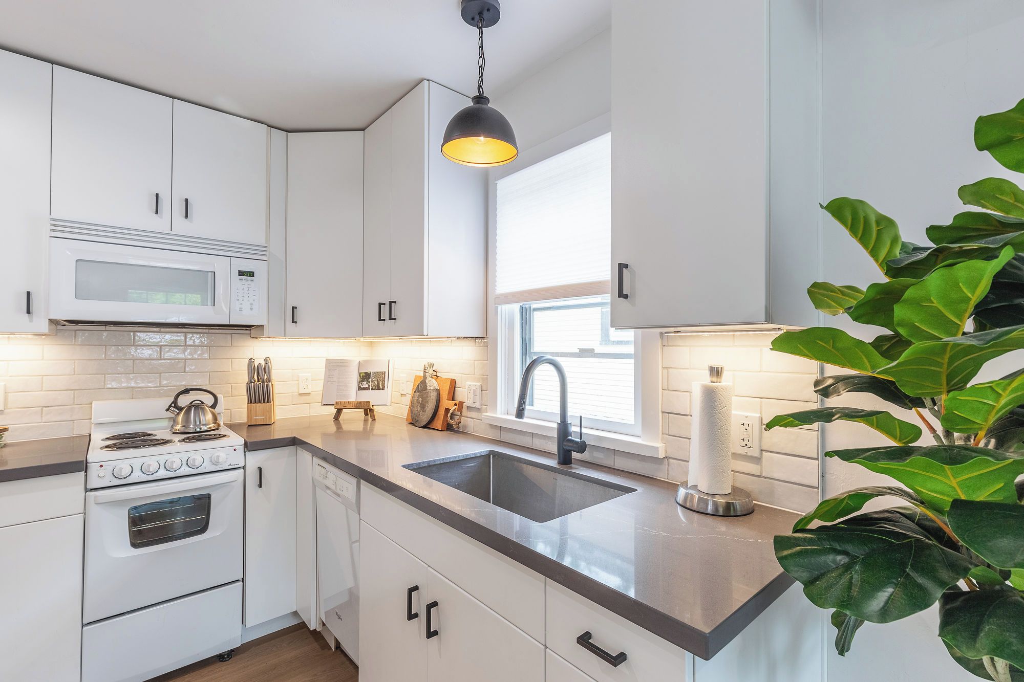 Una cocina moderna con armarios blancos, un lavamanos de acero inoxidable, una tetera y una planta en maceta.
