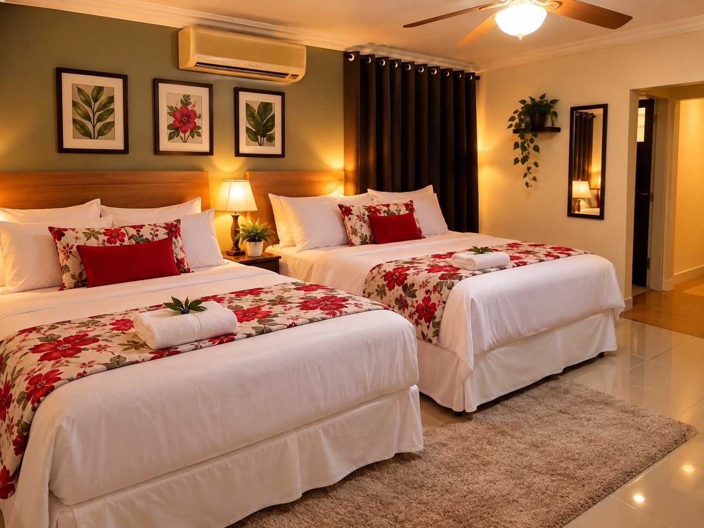 Ein Hotelzimmer mit zwei Betten, einem Deckenventilator, einer Klimaanlage, einem Nachttisch mit Lampe und gerahmten Pflanzenbildern an der Wand.