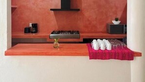 Una cocina con estufa a gas, microondas y un pequeño estante con tazas y una planta.