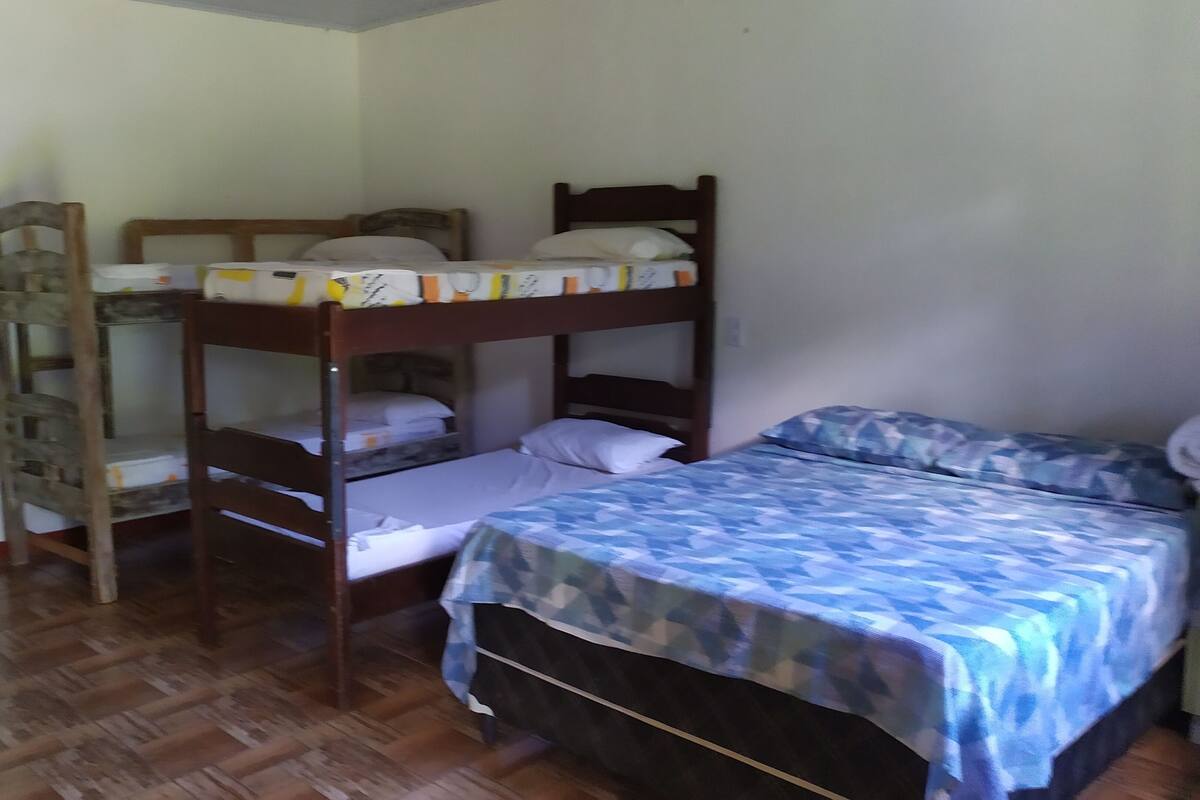 A bunk bed room with a ladder, a lower bunk with a pillow, and a lower bed with a patterned blanket.