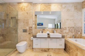 Shower, hair dryer, shampoo