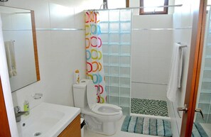 Dusche, Haartrockner, Handtücher, Seife