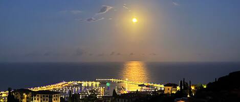 A coastal town at night with a brightly lit pier extending into the sea, illuminated buildings, and a clear view of the moon.