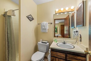 A bathroom with a toilet, sink, mirror, and shower curtain.