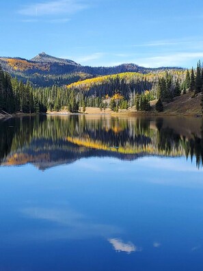 Un lac paisible où se reflètent les arbres et une montagne.