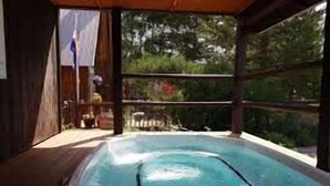 A hot tub in a covered outdoor area with a wooden deck and a view of trees and a fence.