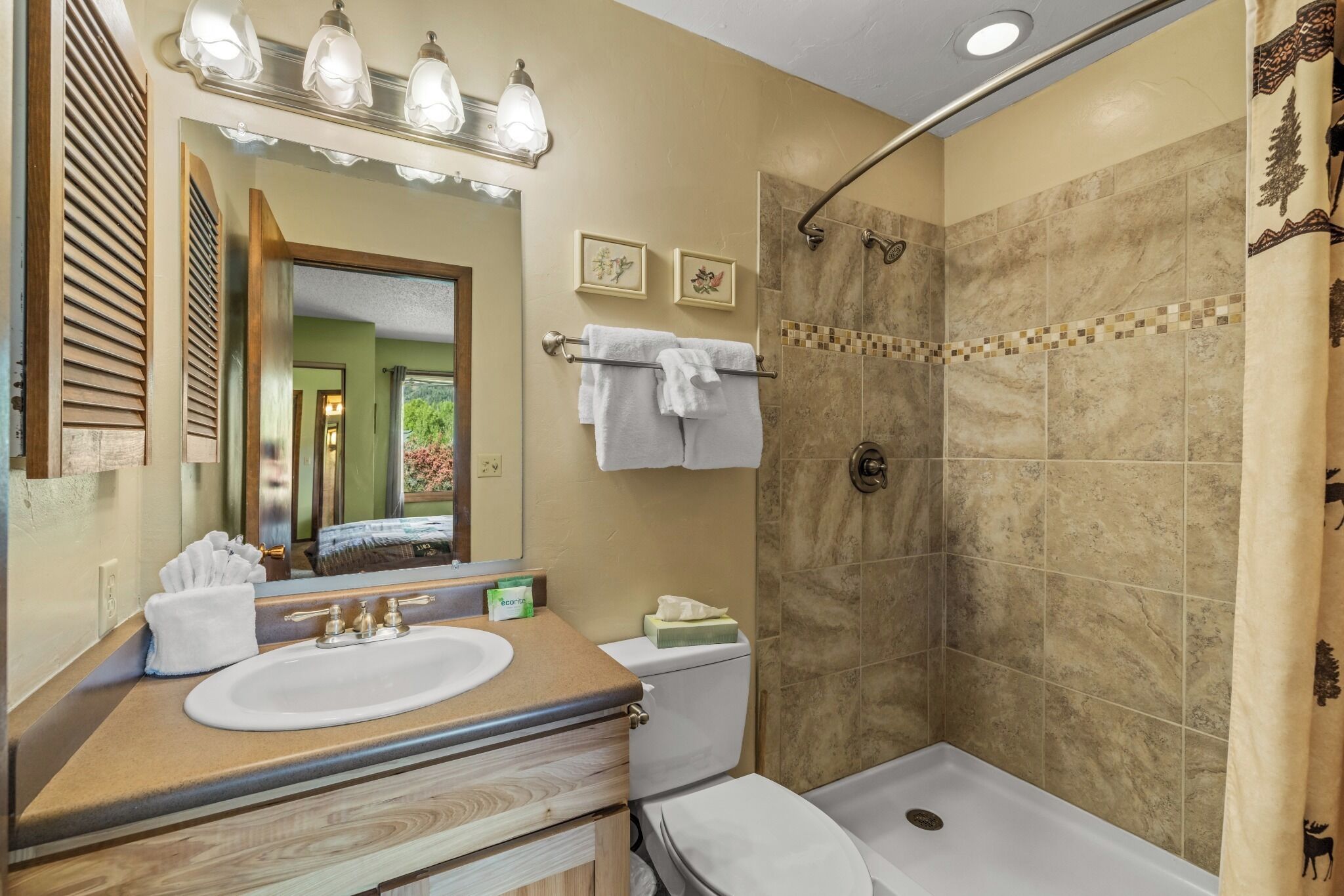 Une salle de bain équipée d’un lavabo, de toilettes, d’une douche et d’un miroir avec éclairage.