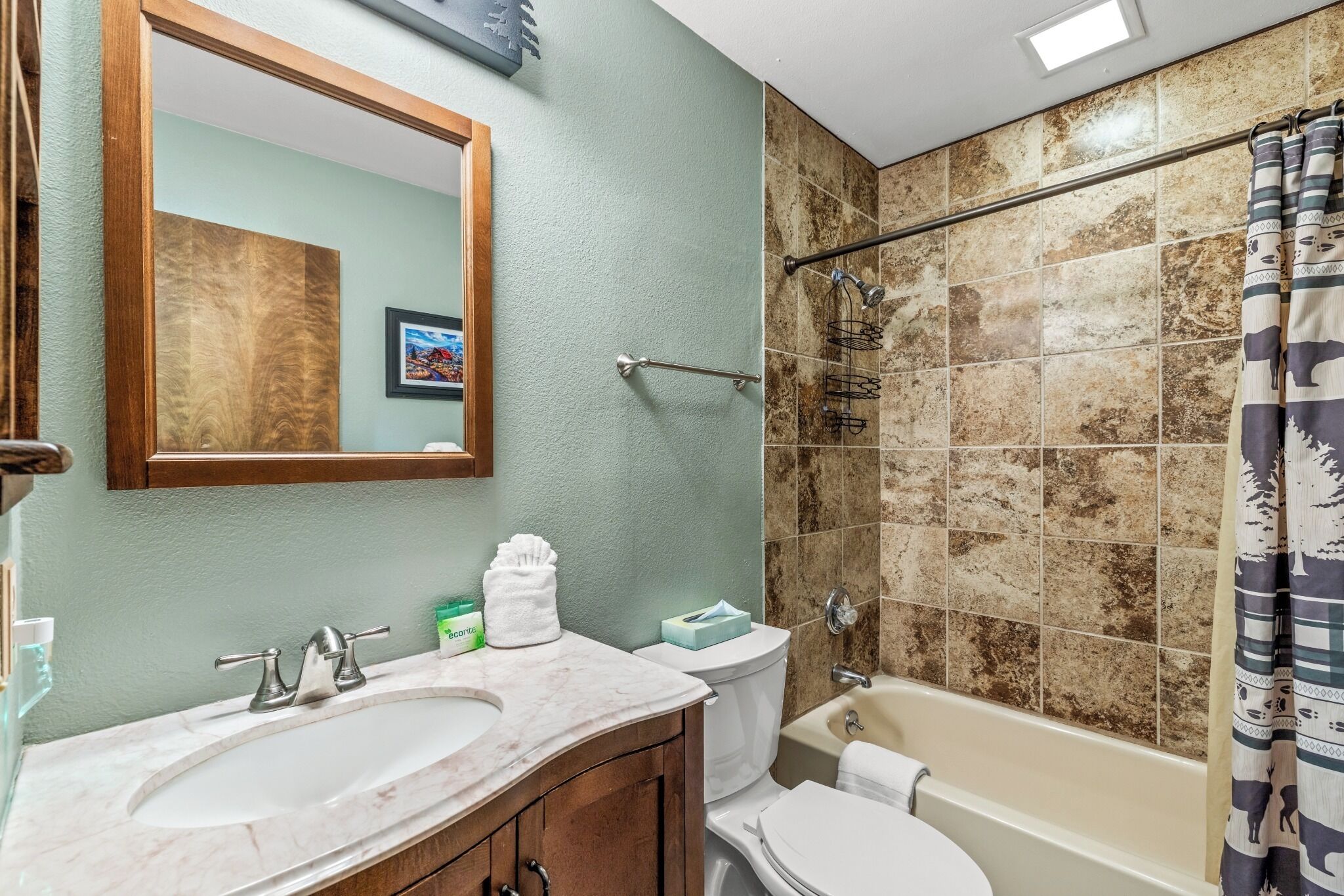 Combined shower/tub, hair dryer, towels