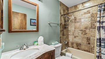 Combined shower/tub, hair dryer, towels