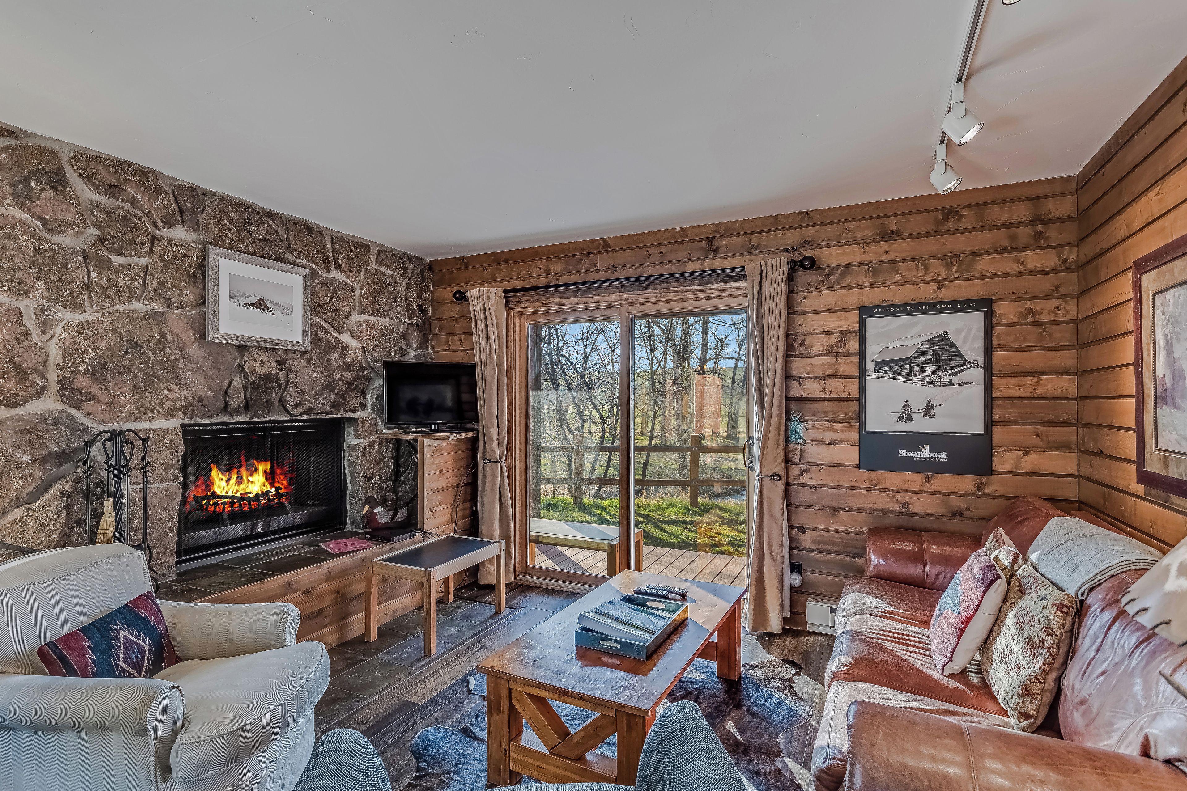 L’intérieur chaleureux d’un chalet avec une cheminée en pierre, des murs en bois, un canapé en cuir et une vue à travers une porte vitrée.