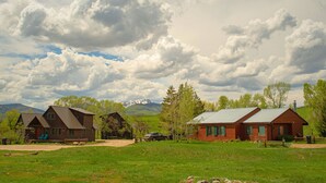Une cabane rustique avec un toit en métal, entourée d’un champ herbeux et d’arbres.
