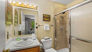 Combined shower/bathtub, hair dryer, towels