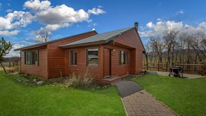 A wooden cabin with a metal roof, a paved driveway, and a grassy yard. - Fireside - Quaint cabin near hiking and fishing (Clark)
