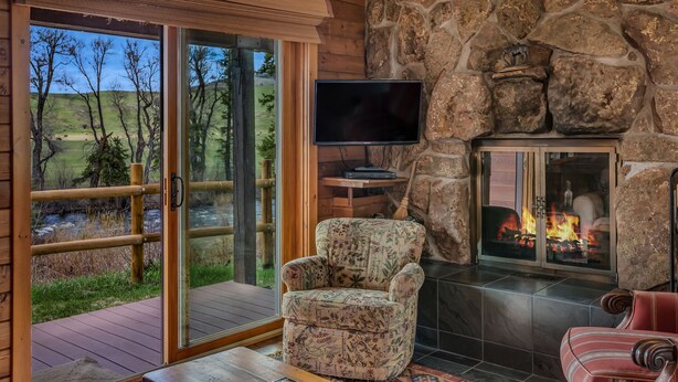 A cozy living room with a stone fireplace, a television, and a view of a natural landscape through large sliding glass doors. - Fireside - Quaint cabin near hiking and fishing (Clark)