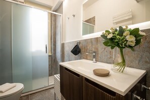 Shower, hair dryer, bidet, towels