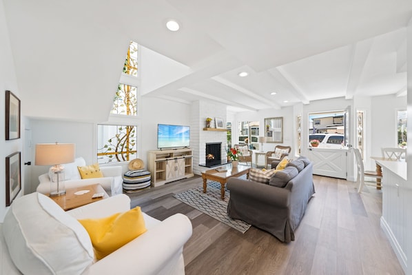 TV, fireplace, video library