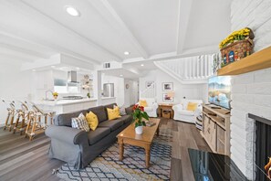 TV, fireplace, video library