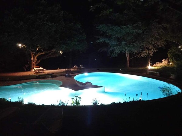 A swimming pool at night with surrounding trees and a few people.
