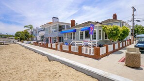 Exterior front - Location, Beach and Boardwalk for this classic beach cottage (Balboa Island)