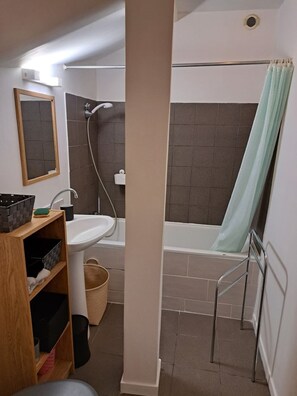 Hair dryer, towels, soap, toilet paper