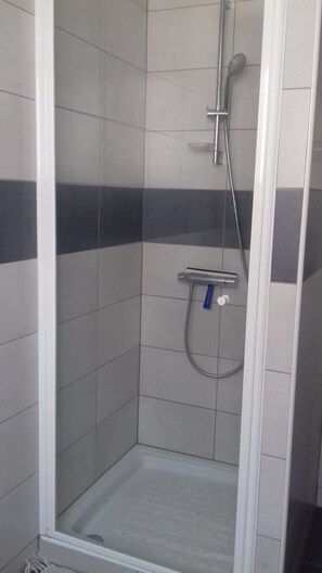 A shower with a glass door, a handheld showerhead, and a handheld shower attachment.