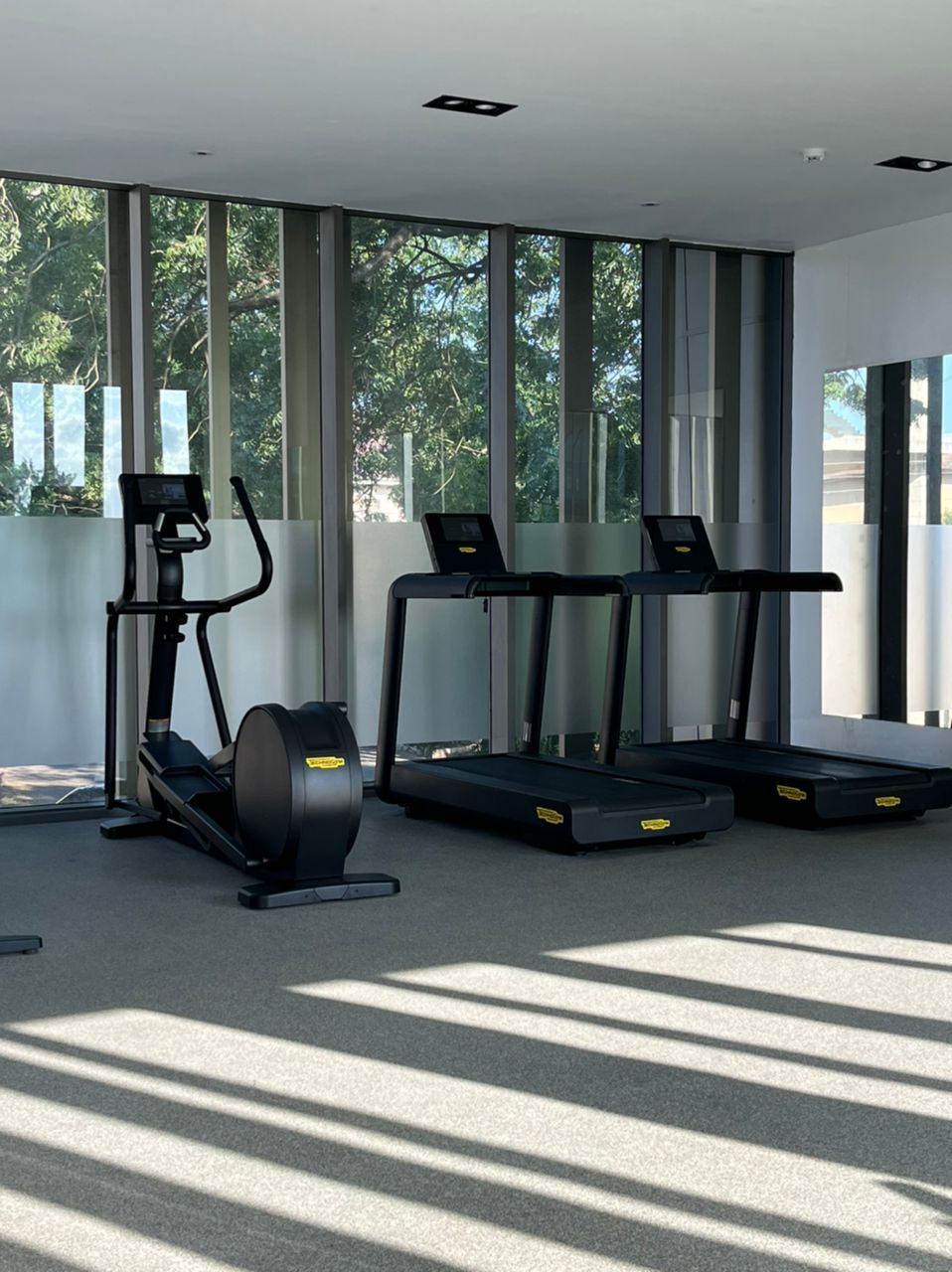 Un gimnasio con cintas de correr y una máquina elíptica, ventanas amplias e iluminación empotrada en el techo.