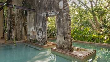 Relax by the serene pool surrounded by lush greenery and a rustic structure with a large, open doorway.