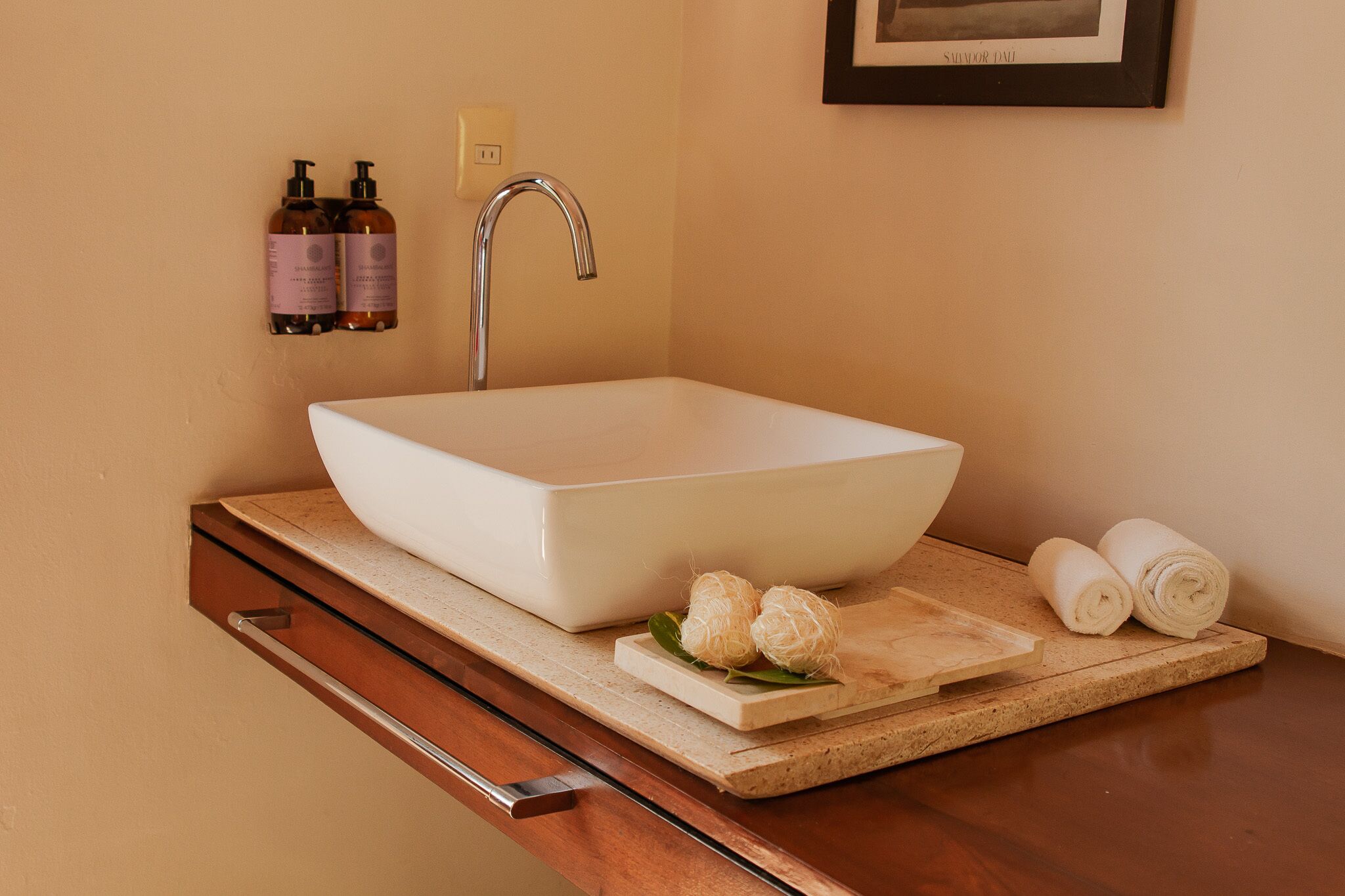 A bathroom with a white vessel sink, a wooden countertop, a towel rack with two bottles, and a framed picture on the wall.