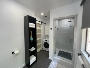 Shower, hair dryer, bidet, towels