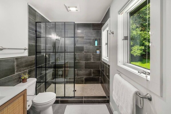 Shower, hair dryer, towels