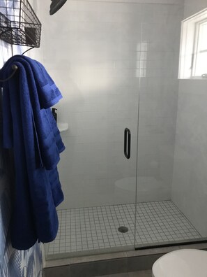 Hair dryer, towels, soap, shampoo