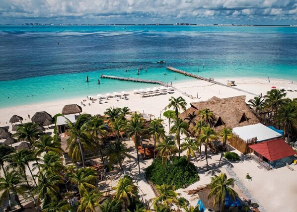 A beach resort with a pier extending into the sea, palm trees, and a sandy beach.