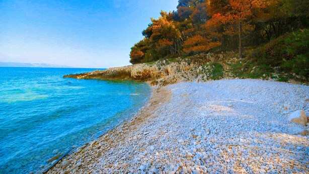 A pebble beach with clear blue water and autumn-colored trees in the background. - Rückzugsort am Meer mit Pool, nur Wenige Minuten vom Strand Entfernt (Trget)