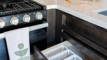Fridge, microwave, coffee/tea maker, cookware/dishes/utensils