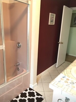 Hair dryer, towels, soap, shampoo