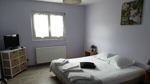 Ein Schlafzimmer mit Bett, Fernseher, Heizkörper, Fenster und Lampe.