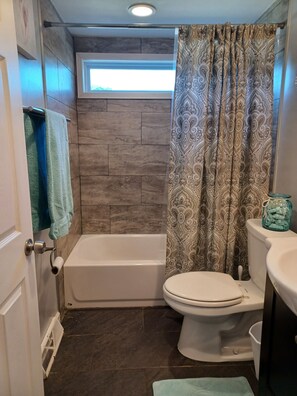 Hair dryer, towels, soap, toilet paper
